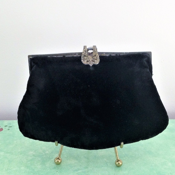 Antique Black Velvet Clutch, Handle Clutch, Black Velvet Clutch, Silver Filigree Clasp, Vintage Clutch, Velvet Purse