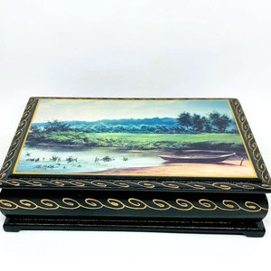 Vintage Hand Painted Lacquered Box: Boat Scene Trinket Keepsake