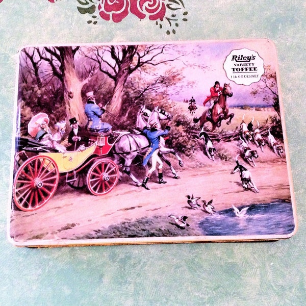 Vintage Tin, Fox Hunt Tin, Victorian Scene Tin, Rileys Toffee Tin, Hinged Tin Box, English Tin, Horse Buggy Tin, Storage Tin