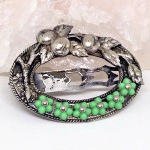 Vintage Scarf Clip, Hair Clip, Green Floral Clip, Silver Plate Barrette, Berry Motif Scarf Clip, Oval Scarf Clip, Art clip
