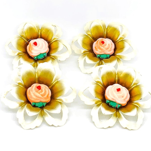 3 Grosses Punaises Fleurs Dorées Vintage - Embout De Rideau Floral Oversize
