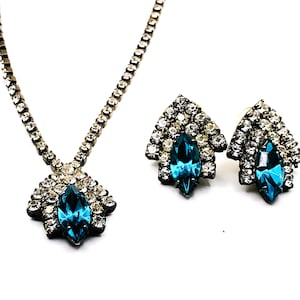 Vintage Rhinestone Necklace Earring Set: Teal Bling Jewelry