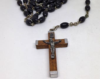 Antique Vintage Black Rosary, Vintage Black Bead Rosary, Catholic Rosary, Italy Wood Silver Crucifix, Italy Black Prayer Beads
