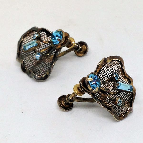 Vintage Bond Boyd, Sterling Silver Screw Backs, Aquamarine Stone Earrings, Screw Back Earrings, Mesh Bond Boyd Earrings