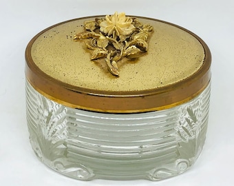 Vintage Ribbed Glass Vanity Jar: Gold Rose Lid Jewelry Jar