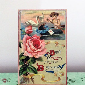 Postal de madera vintage, postal de cumpleaños, postal de madera, tarjeta de felicitación de cumpleaños, postal de madera con los mejores deseos, postal con rosa rosa