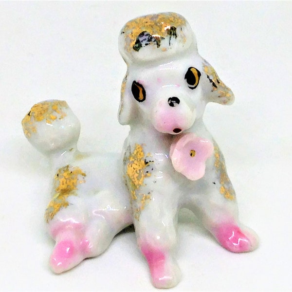 Vintage Poodle, White Gold Poodle, Pink Flower Poodle, Japan Gold Poodle, White Pink Poodle, Small Porcelain Poodle, Poodle Figurine