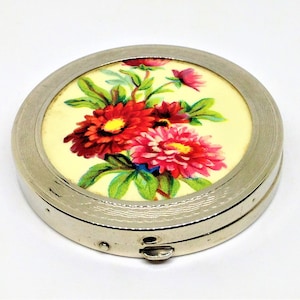 Vintage Compact, Pink Floral Compact, Mirrored Compact, Powder Compact, Screen Compact, Silver Compact, Flower Compact, Silver Compact