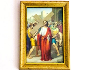 Vintage Jesus Picture, Framed Religious Art, Gold Frame Art, Lord Jesus Art, Jesus on the Cross, Catholic Art, Red Robe Jesus, Jesus Cross