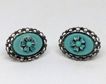 Screw Back Earrings, Turquoise and Silver Screw Backs, Vintage Costume Jewelry, Flower Turquoise Earrings, Silver Filigree Screw Backs