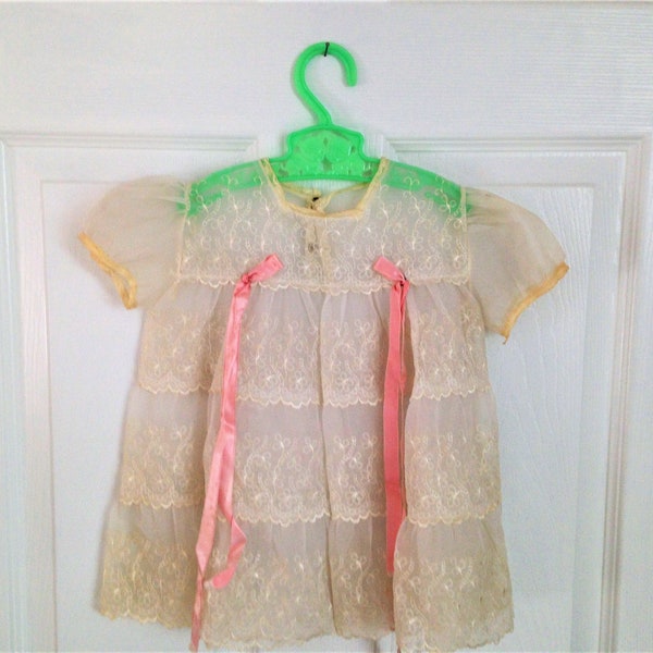 Vintage Baby Girl Dress, Christening Dress, Ivory Dress, Sheer Lace Dress, 3 Layered Lace Dress, Lace Dress with Pink Ribbons,