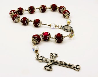Vintage Red Bead Chaplet, Italy Bead Chaplet, Filigree Silver Caplets, Red Chaplet, Silver Red Bead Rosary, Pocket Chaplet, Mary Connector