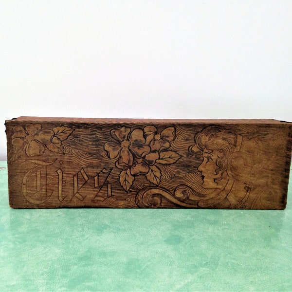 Vintage Pyrography Box, Flemish Folk Art  Art Nouveau Box, Tie Box, Wood Burned Box, Carved Wood Tie Box, Wood Jewel Box