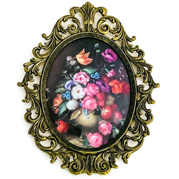 Vintage Blumenkunst, Konvexe Glaskunst, Rose Blumenkunst, Konvexer Glasrahmen, Verzierter Metallrahmen, Italien Blumenkunst, Italienische Kunst, viktorianische Kunst