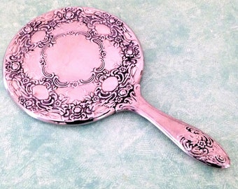 Vintage Silver Plate Hand Mirror: Art Nouveau Medallion Vanity