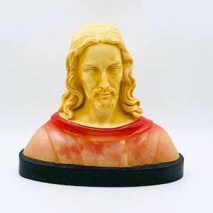 Vintage Jesus Bust: Pink Robe Religious Sculpture, Made in France