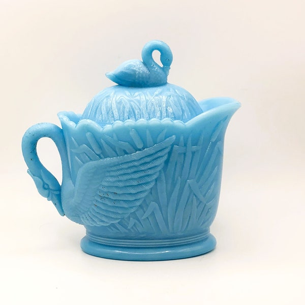 Vintage Blue Swan Lidded Creamer, Vintage Turquoise Swan, Blue Glass Swan Creamer, Swan Creamer, Vintage Blue Milk Glass Creamer.