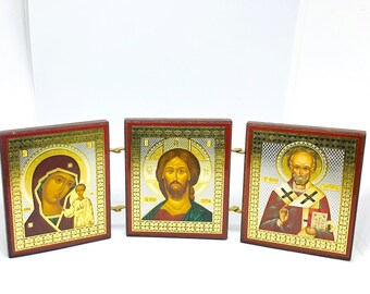 Vintage Russian Saints Triptych, Religious Icon Art