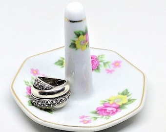 Vintage Floral Porcelain Ring Holder Dish