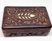 India Carved Wood Trinket Box or Jewelry Box, Vintage 1970s Bone Inlaid Wood Box with Felt Lining, Bohemian Home Decor