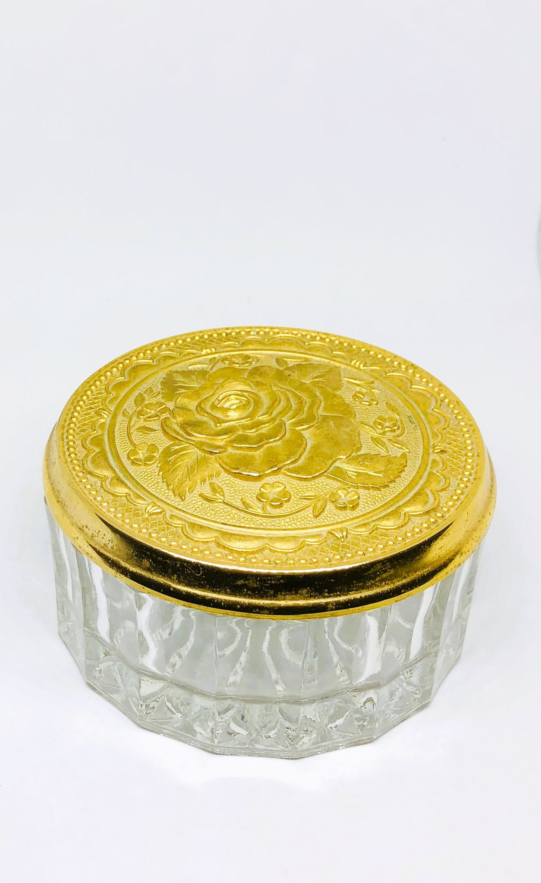 Vintage Glass Jar, Jewelry Jar, Ribbed Glass Vanity Jar, Gold Embossed