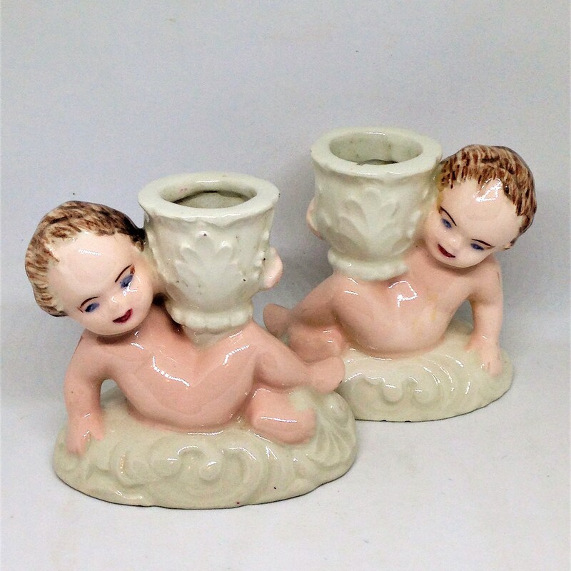 Bougeoirs Anges Chérubins En Porcelaine Ivoire Holland Mold – Vintage