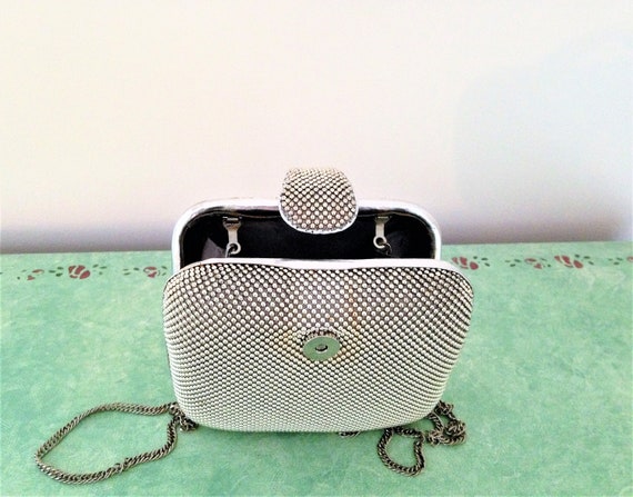Vintage Whiting Davis Beaded Mesh Handbag, Silver Clutch, Hard