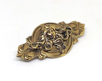Gold Art Nouveau Lady Face Brooch - Art Deco Pin