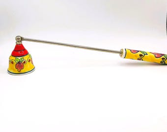 Vintage Ceramic Brass Candle Snuffer in Red and Yellow Colors