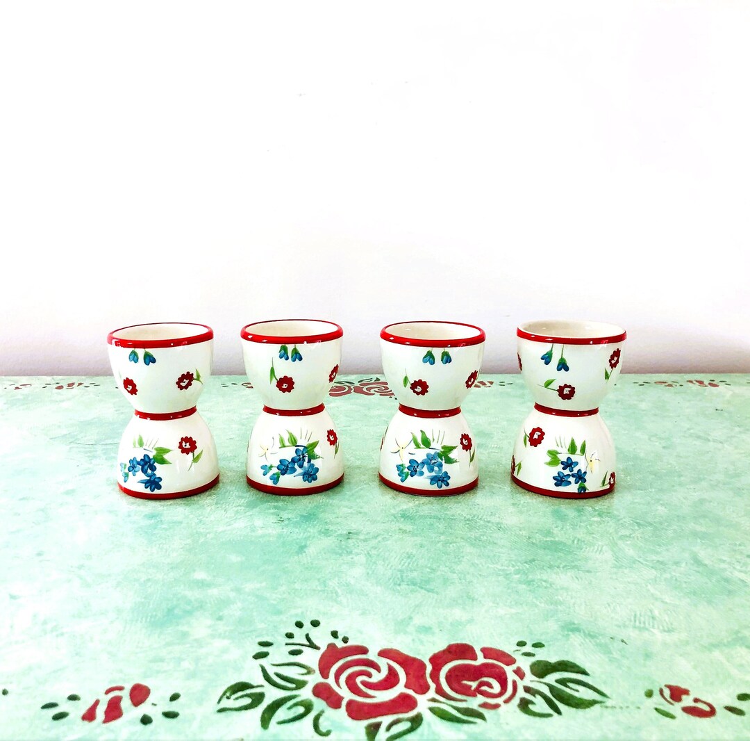 Vintage Egg Cups, 4 Egg Cups, Red Floral Egg Cups, Easter Egg Cups