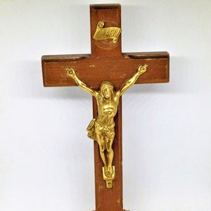Vintage Wood Crucifix: Gold Pewter Jesus on Cross, Religious Shrine