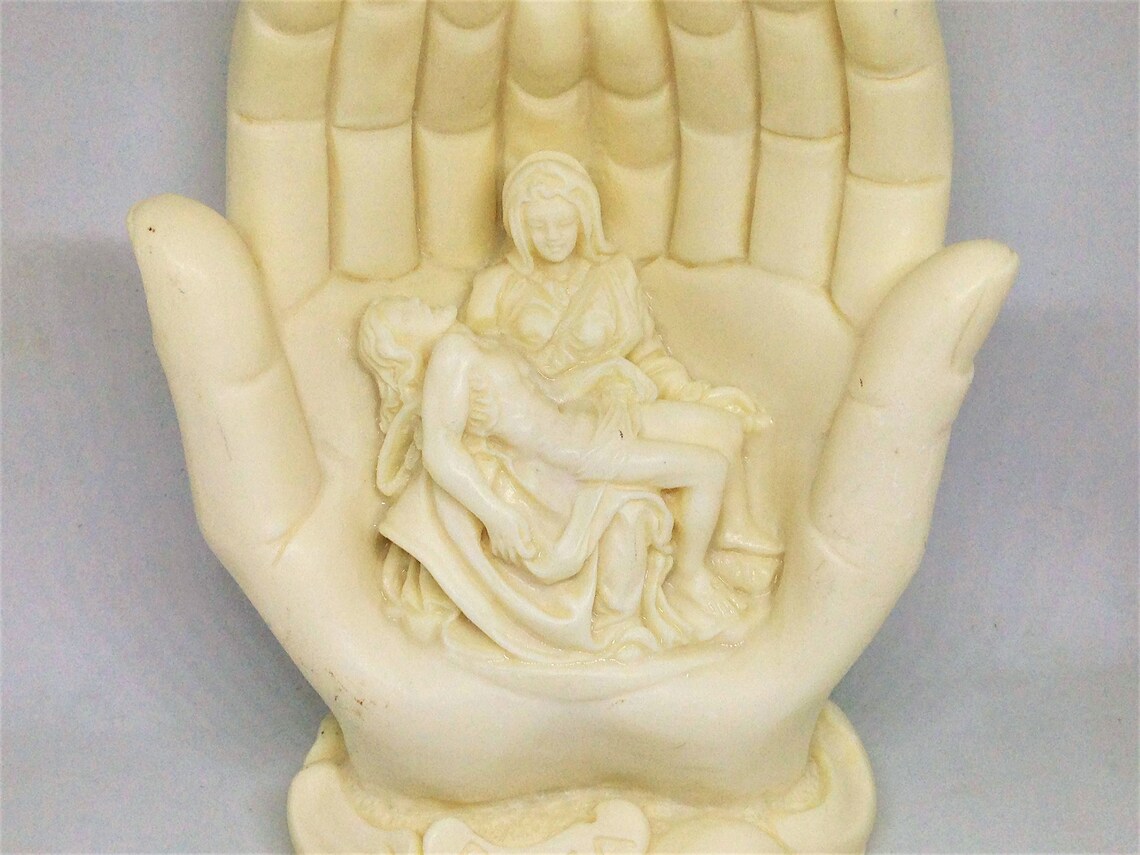 Praying Hands Statue Mary Jesus Figurine Vintage Hand Carved image 0