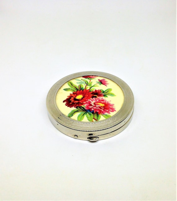 Vintage Compact, Pink Floral Compact, Mirrored Com