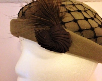 Vintage Taupe Felt Fascinator Hat: Black Netting & Feather  display picture 2