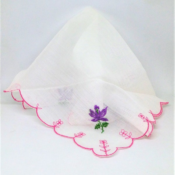 Vintage Hanky, Cotton Voile Hanky, Vintage Handkercheif, Embroidered Hanky, Pink Purple Flower Hanky, Scallop Edge Hanky