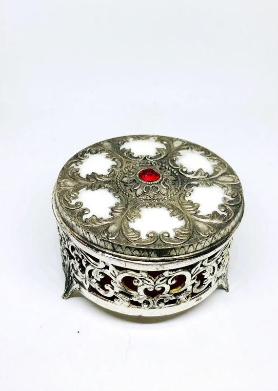 Vintage Trinket Box, Jewelry Box, Metal Enamel Box