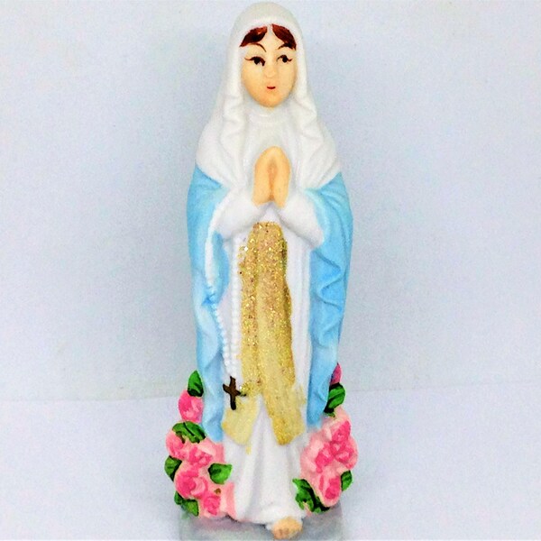 Porcelain Figurine Lourdes Virgin Mary Madonna Statue , Madonna Figurine, Blue Pink Roses Mary Figurine, Religious Statue