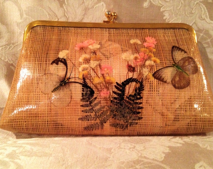 Vintage Vinyl Clutch With Straw Look Pressed Flowers and Etsy