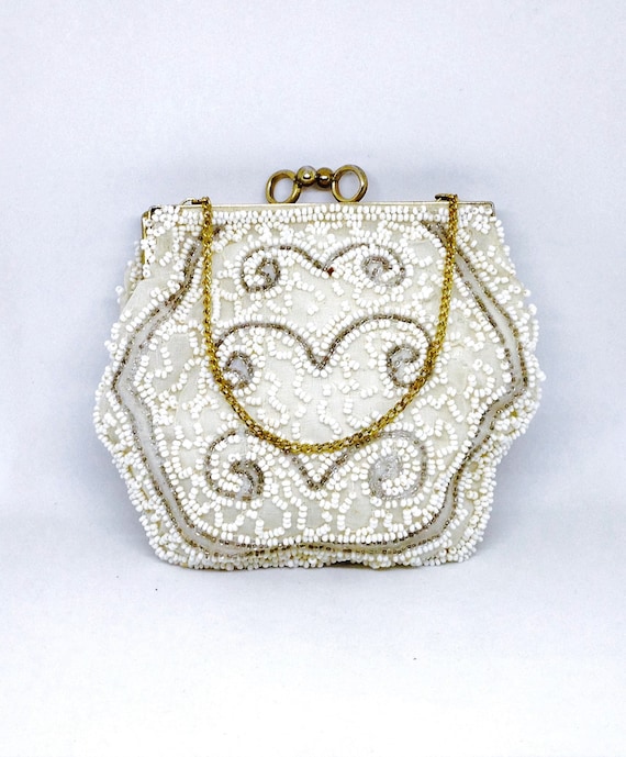 Vintage Beaded Purse, White Beaded Purse, Wrist Pu