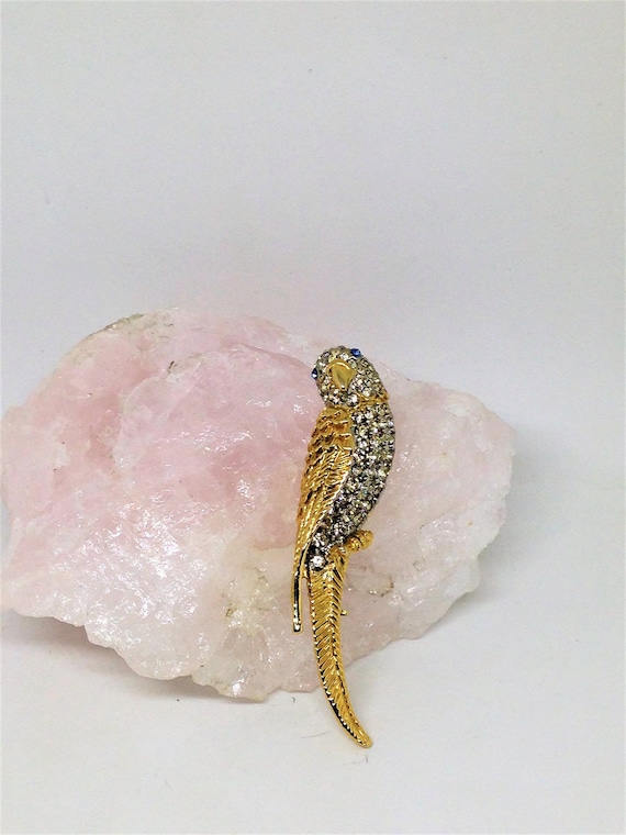 Parrot Rhinestone Gold VINTAGE Brooch, Blue Eyed P