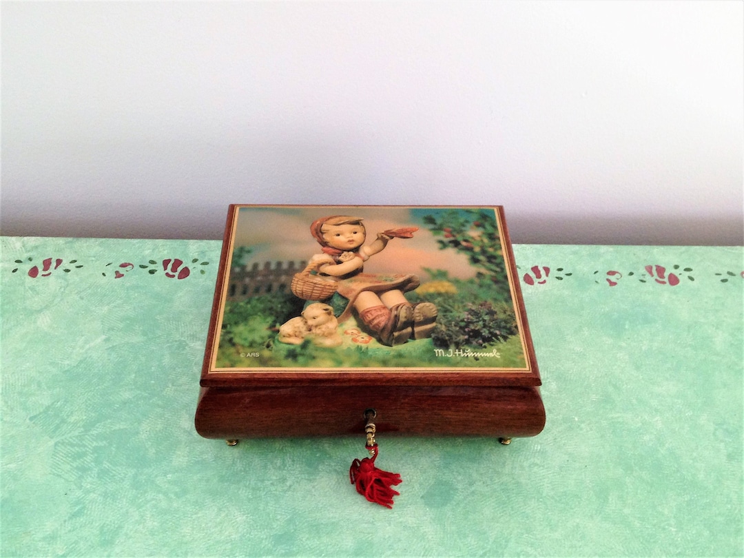 Vintage Music Box, M J Hummel Music Box, Reuge Wood Box, Goebel Hummel Box, Hummel Farewell
