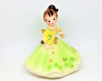 Vintage Josef Originals, August Birthstone Figurine, Green Lady Figurine, Flower Girl Figurine, Peridot Birthstone Statue, Josef August
