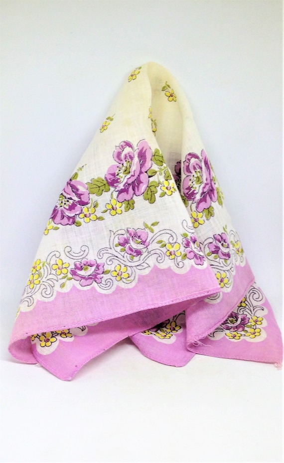 Vintage Lilac Handkerchief, Purple Rose Hanky, Col