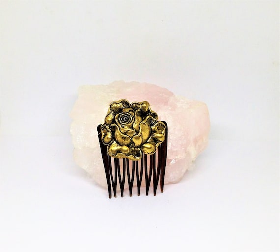 Vintage Hair Comb, Brass Rose Hair Comb, Bun Comb… - image 3
