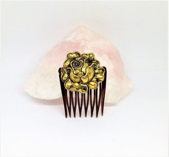 Vintage Hair Comb, Brass Rose Hair Comb, Bun Comb… - image 2