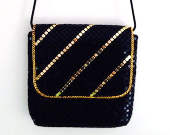 Vintage Black Gold Metal Mesh Handbag, Rebecca Lynn Evening Bag