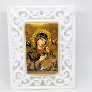 Vintage Religious Madonna Stand, Scroll Frame Madonna, Madonna Jesus, Mary and Jesus Plaque, Religious Icon, Framed Madonna
