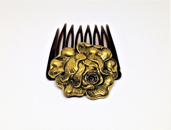 Vintage Hair Comb, Brass Rose Hair Comb, Bun Comb… - image 5