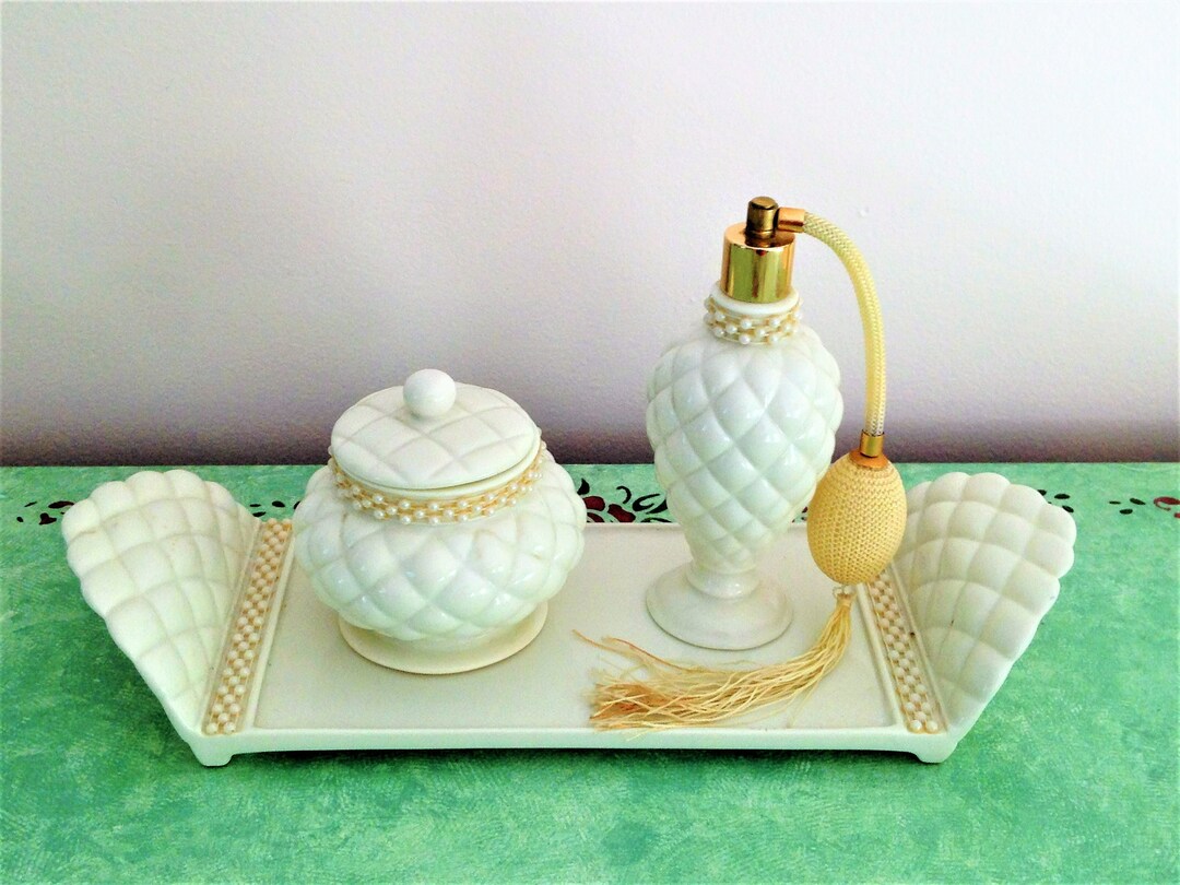 Vintage Avon, Vanity Set, 3pc Vanity Set, Quilted Look Vanity Set