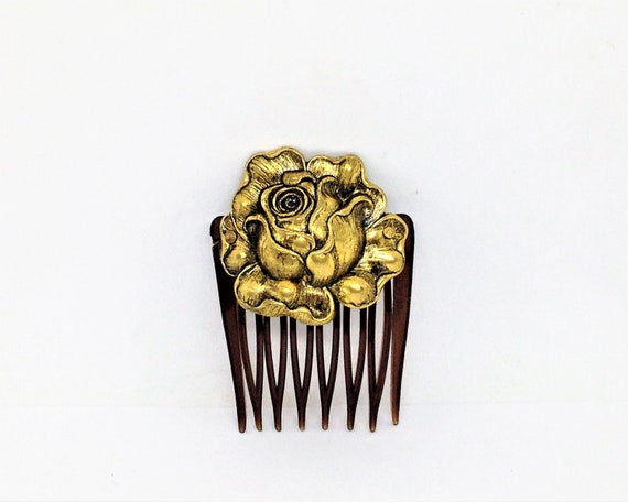 Vintage Hair Comb, Brass Rose Hair Comb, Bun Comb… - image 1